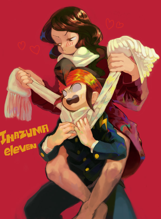>:(, 1girl, barefoot, blush, brown_hair, choking, coat, couple, d:<, doraiga-rei, dress, endou_mamoru, gakuran, inazuma_eleven, inazuma_eleven_(series), jacket, leg_lock, long_hair, o_o, open_mouth, pants, pink_background, raimon_natsumi, scarf, school_uniform, simple_background, standing, strangling, title_drop