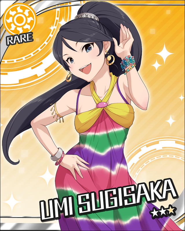 black_hair, bracelet, character_name, earrings, hand_on_ear, hand_on_hip, hips, idolmaster
