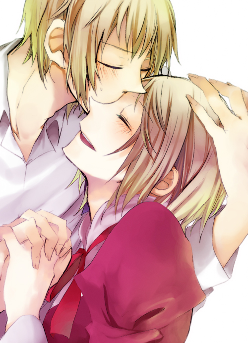 1girl, axis_powers_hetalia, blonde_hair, blush, brother_and_sister, closed_eyes, eyes_closed, hand_holding