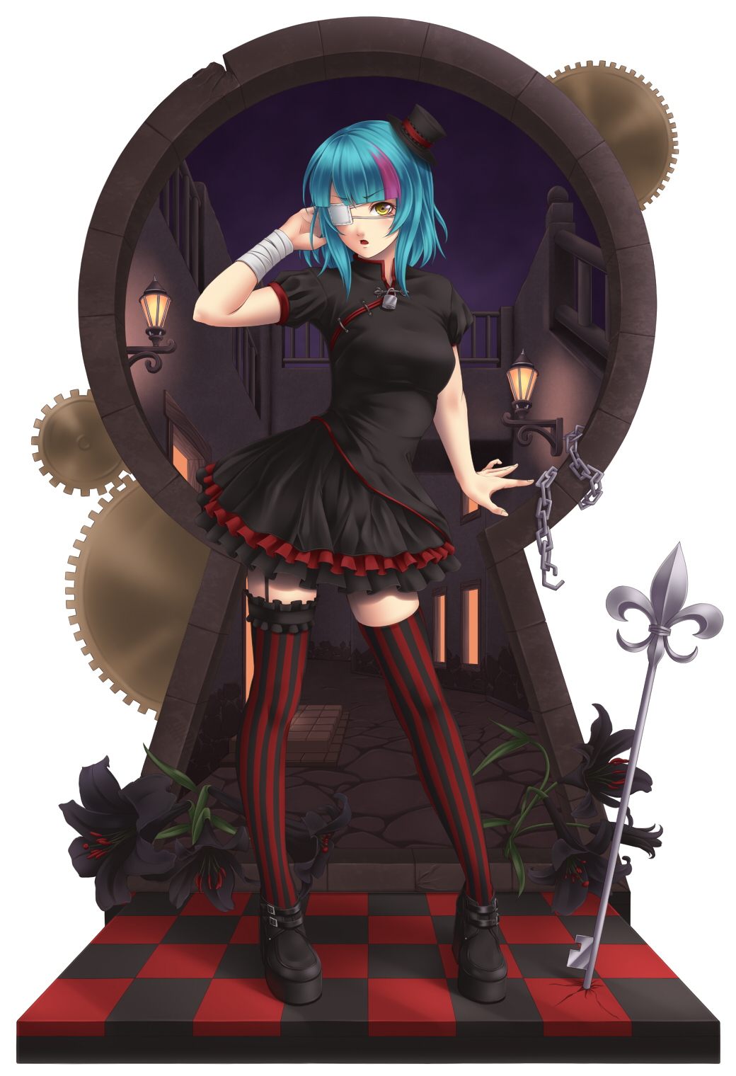 bandage, bandages, blue_hair, chain, chains, checkered, checkered_floor, china_dress