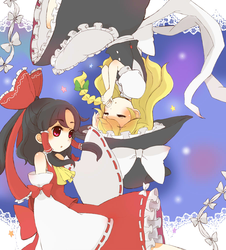 ascot, black_hair, blonde_hair, bow, closed_eyes, detached_sleeves, eyes_closed, hair_bow