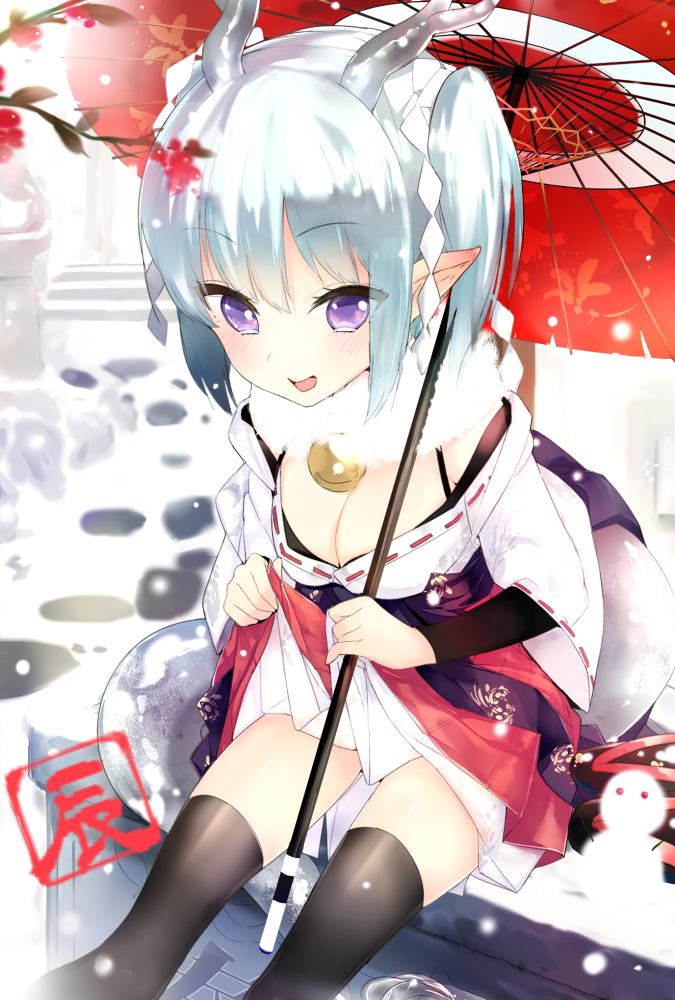 black_legwear, blue_hair, blush, breasts, cleavage, copyright_request, dragon_girl, dragon_horns, hakama, horns, japanese_clothes, miko, oriental_umbrella, p-nut, pointy_ears, purple_eyes, scarf, shide, short_twintails, sitting, skirt, skirt_lift, smile, snow, snowman, solo, thigh-highs, thighhighs, twintails, umbrella, violet_eyes