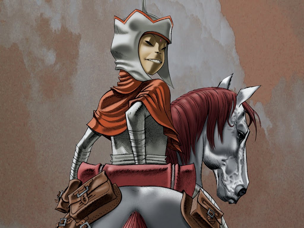 androgynous, from_behind, gorillaz, horse, jamie_hewlett, journey_to_the_west, looking_back, solo, tang_sanzang