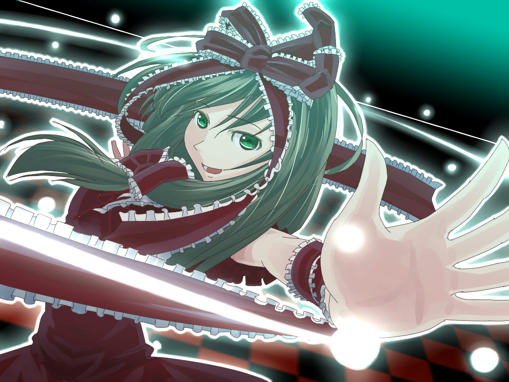 bow, dress, front_ponytail, green_eyes, green_hair, hair_bow, hair_ribbon, kagiyama_hina