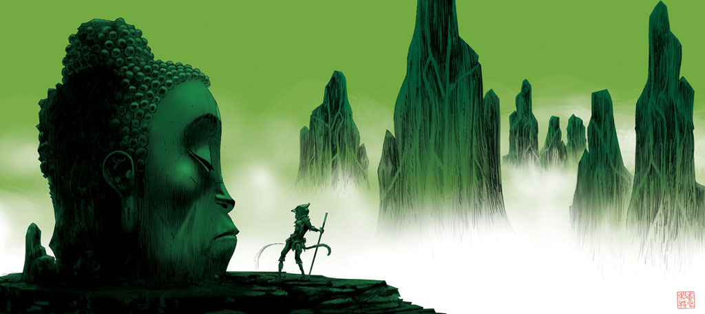 1boy, buddha, closed_eyes, eyes_closed, jamie_hewlett, journey_to_the_west, male, monkey