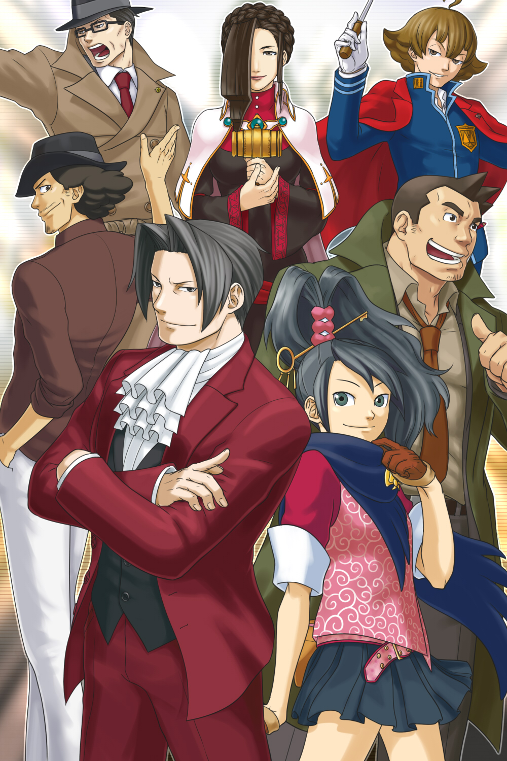 5boys, ahoge, arm_up, badge, bangs, baton_(instrument), belt, black_dress, black_hair, braid, breasts, brown_eyes, brown_hair, capcom, cape, cha_kuro_(limo), chamata_nichikuro, cravat, crossed_arms, detective, dress, emblem, eyebrows, facial_hair, fanny_pack, father_and_son, fingernails, formal, gavel, glasses, gloves, green_eyes, gyakuten_kenji, gyakuten_saiban, hair_bun, hair_intakes, hair_over_one_eye, hakari_mikagami, hand_in_pocket, hat, head_tilt, height_difference, highres, ichijou_mikumo, ichiyanagi_yumihiko, itonokogiri_keisuke, jacket, jacket_on_shoulders, karakusa_(pattern), large_breasts, lips, lipstick, long_hair, looking_at_viewer, looking_back, makeup, miniskirt, mitsurugi_reiji, mitsurugi_shin, multiple_boys, multiple_girls, mustache, necktie, objection, official_style, open_clothes, open_jacket, open_mouth, outline, outstretched_arm, pants, pleated_skirt, pointing, pointing_at_self, ponytail, scale, scarf, shigaraki_tateyuki, shiragaki_tateyuki, side-by-side, sideburns, skirt, smile, smirk, smug, spoilers, striped, striped_background, stubble, suit, swept_bangs, teeth, thick_eyebrows, time_paradox, waving, wavy_hair, wide_sleeves