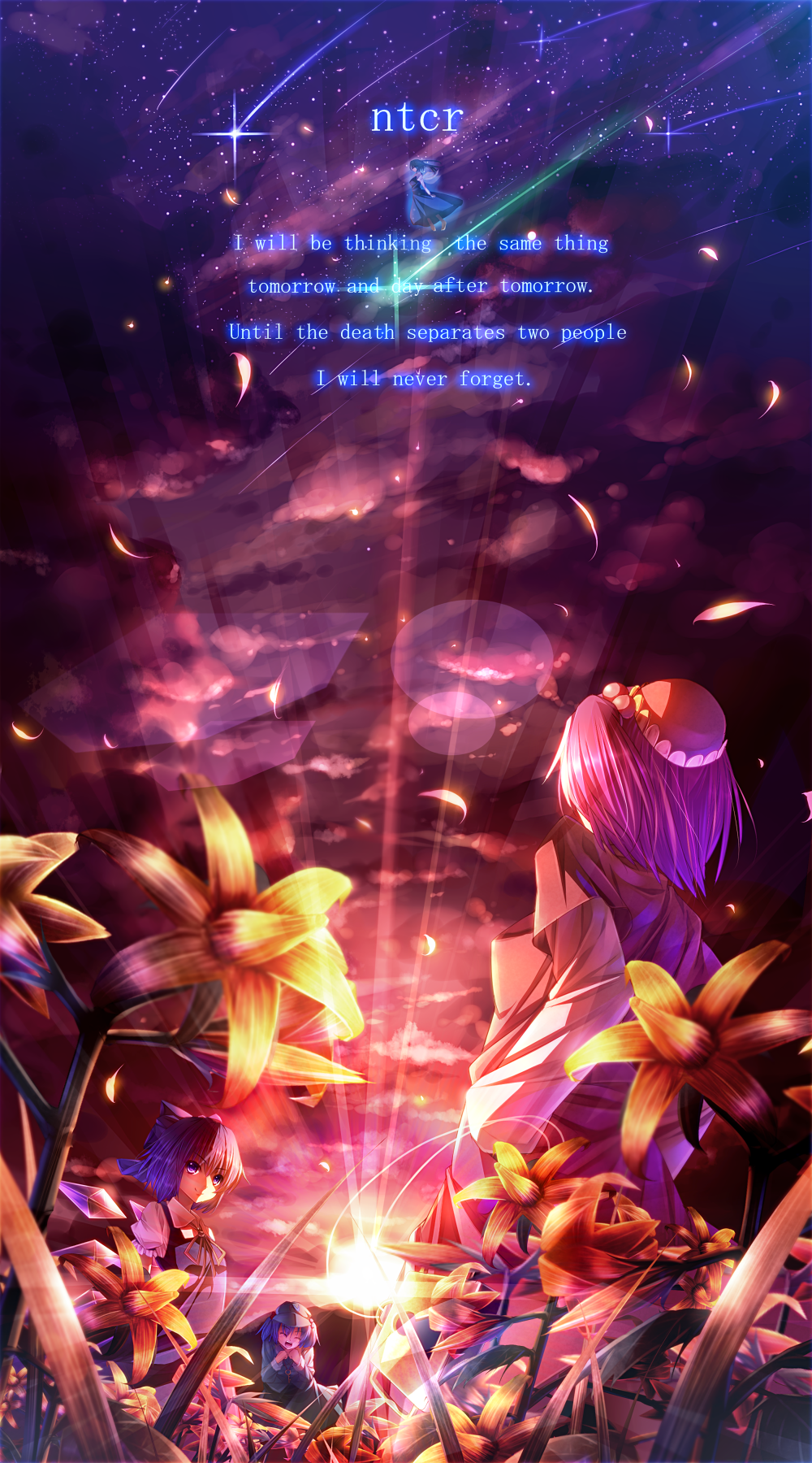 blue_dress, blue_eyes, blue_hair, blurry, bow, cirno, cloud, daiyousei