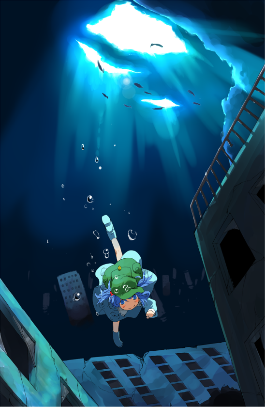 backpack, bag, blue_eyes, blue_hair, freediving, kawashiro_nitori, randoseru, ruins