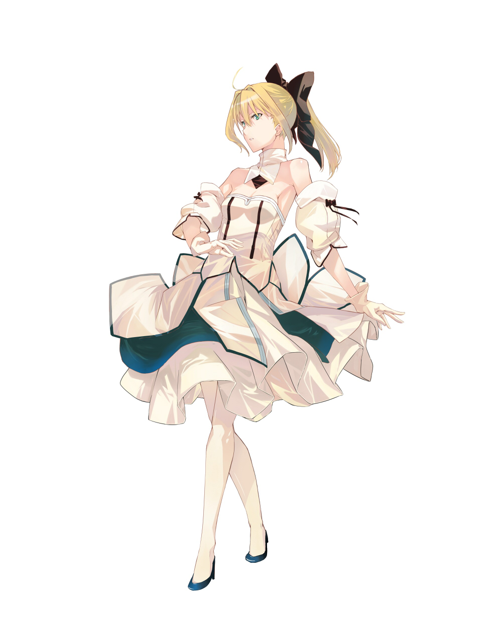 ahoge, bare_shoulders, blonde_hair, bow, detached_sleeves, dress, fate/unlimited_codes, fate_(series)