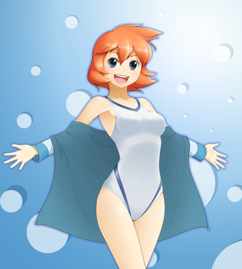 absurdres, armpits, blue_background, blue_eyes, breasts, gym_leader, highres, jacket