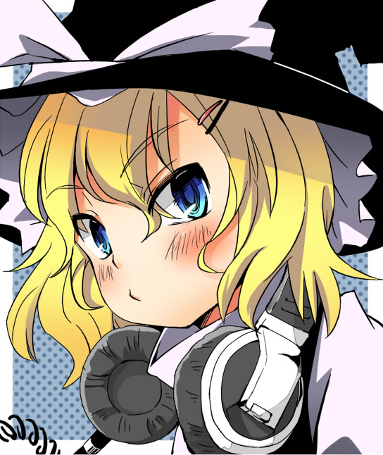 blonde_hair, blue_eyes, blush, hat, headphones, kirisame_marisa, solo, taker