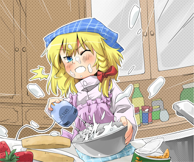 blonde_hair, blue_eyes, braid, can, cooking, electric_mixer, food, fruit, head_scarf, kirisame_marisa, messy, mixing_bowl, solo, strawberry, surprised, taker, touhou