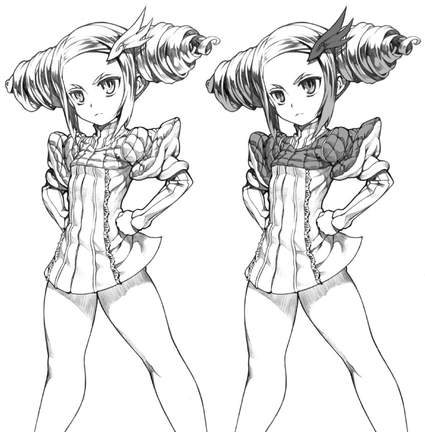 angry, greyscale, hair_bun, highres, kei_(bekei), minidress, monochrome, original