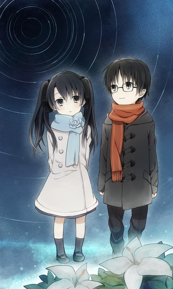 1girl, black_hair, blue_eyes, boots, brother_and_sister, coat, flower, glasses
