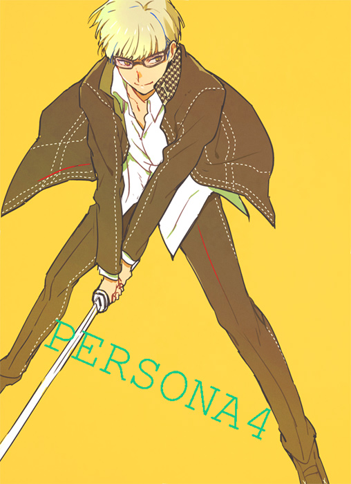 glasses, grey_eyes, grey_hair, houndstooth, katana, kimidori_(mb4), male, narukami_yuu