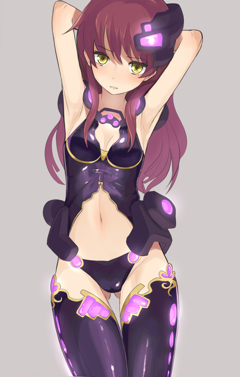 blush, breasts, cleavage, highres, navel, original, purple_hair, simple_background
