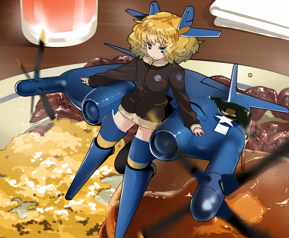 aasara, airplane, blonde_hair, blue_eyes, butter, cup, dish, egg