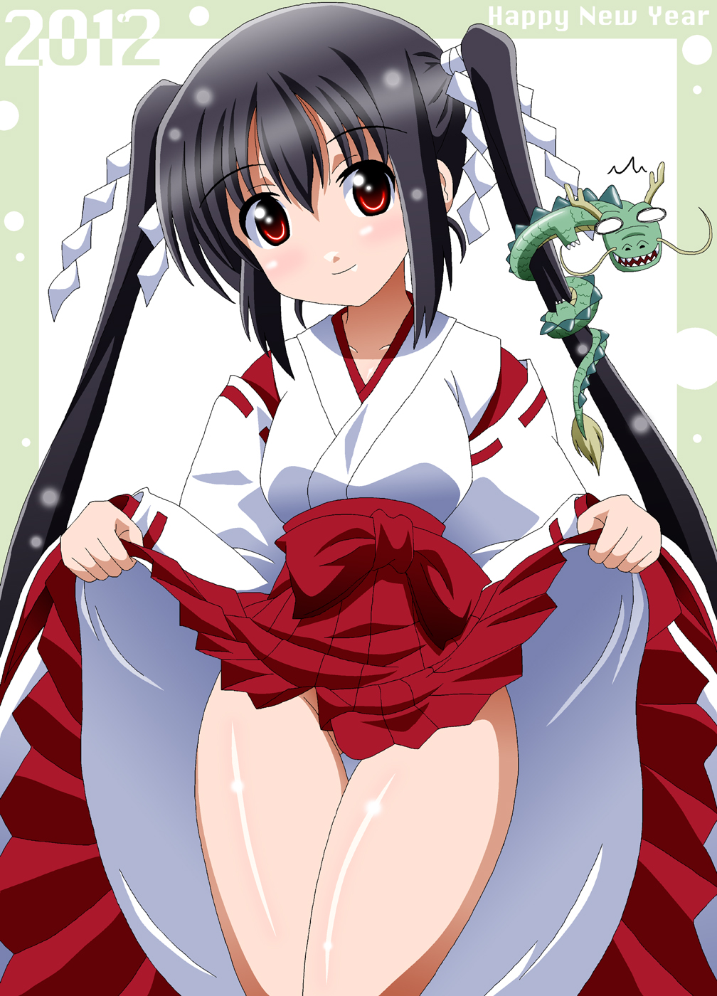 2012, bad_id, black_hair, brown_eyes, dragon, dress, dress_lift, eastern_dragon, hakama, hakama_lift, highres, imai_kazunari, japanese_clothes, k-on!, long_hair, miko, nakano_azusa, new_year, no_panties, solo, thigh_gap, twintails