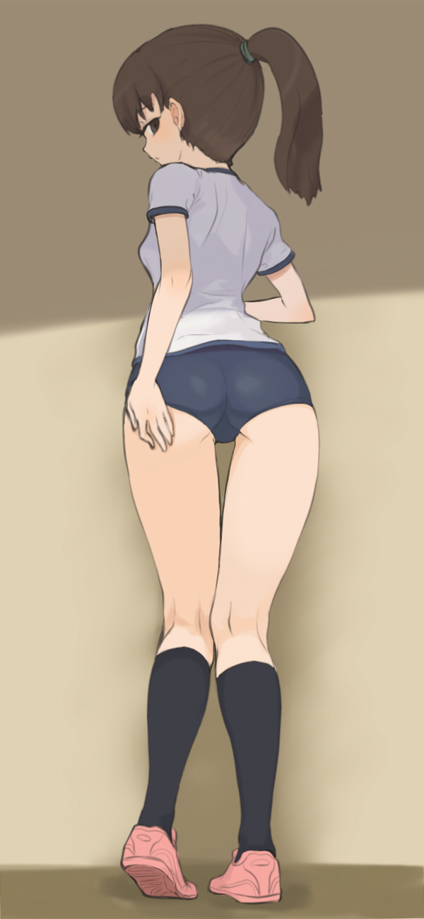 ass, black_hair, black_legwear, buruma, from_below, grey_eyes, highres, kneehighs