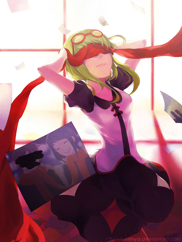 akimiya, covering, covering_eyes, covering_face, dress, glasses_on_head, green_hair, gumi