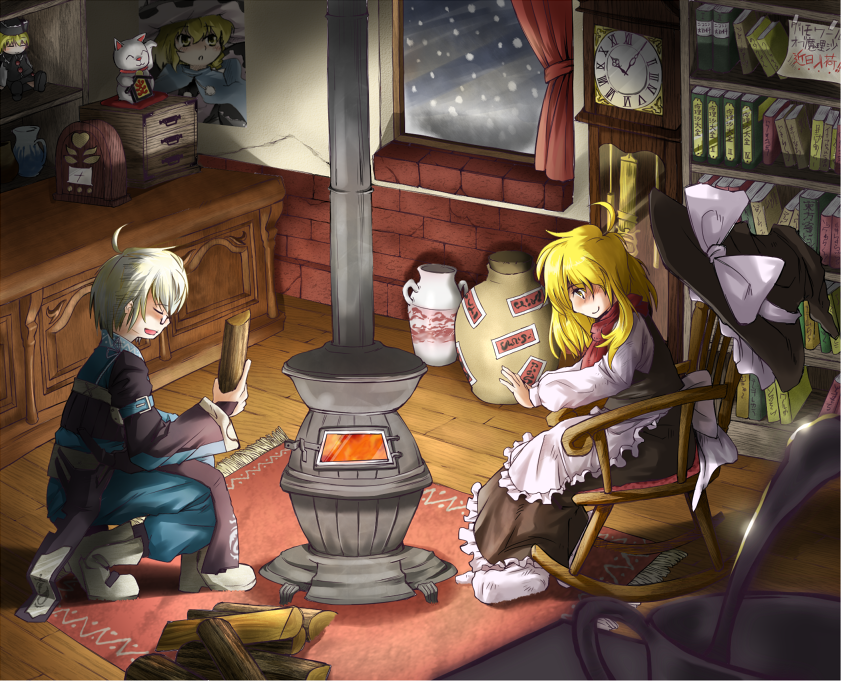 1girl, blonde_hair, blush, book, character_doll, clock, closed_eyes, doll
