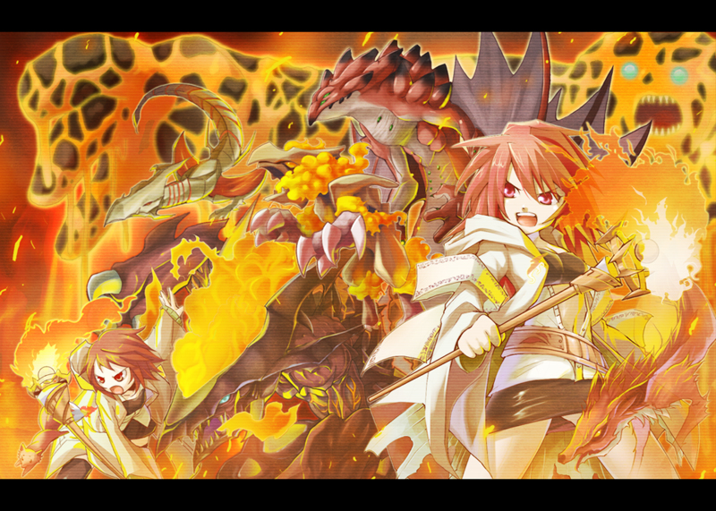 dual_persona, fire, hiita, hitohautsu, lava, lava_golem, magma, midriff, molten_rock, red_eyes, red_hair, redhead, staff, yu-gi-oh!, yuu-gi-ou, yuu-gi-ou_duel_monsters