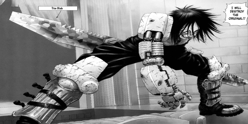 1girl, armor, black_hair, cyberpunk, gunnm, highres, kishiro_yukito, monochrome, sechs, shinguards, weapon