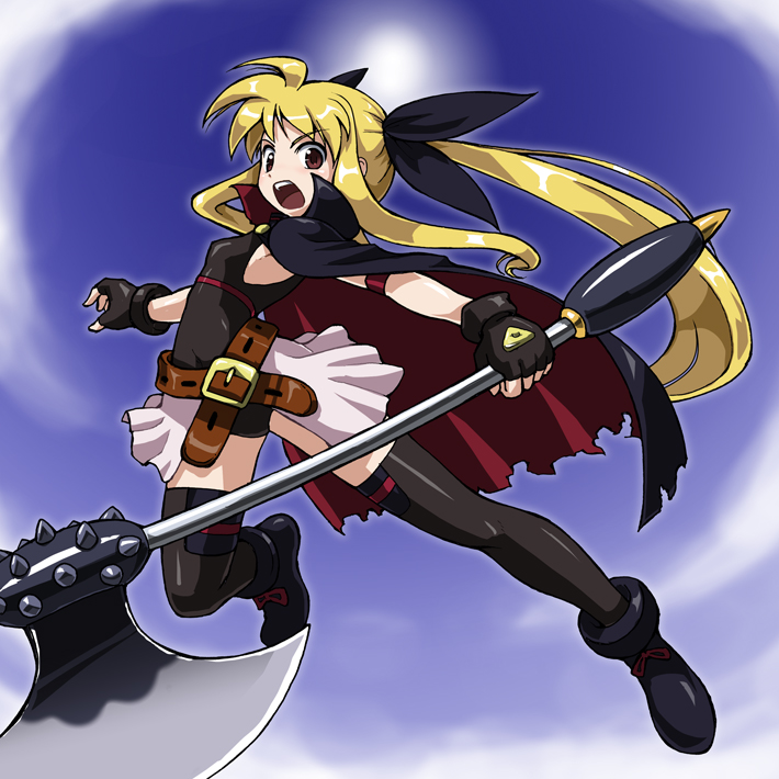 alternate_weapon, bardiche, blonde_hair, cape, fate_testarossa, getter_robo, lyrical_nanoha, mahou_shoujo_lyrical_nanoha
