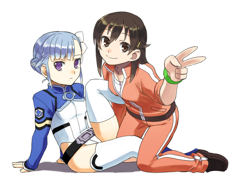 blue_hair, bodysuit, brown_eyes, brown_hair, fin_ay_ludo_sui_lavinty, fin_e_ld_si_laffinty, jersey, kyouno_madoka