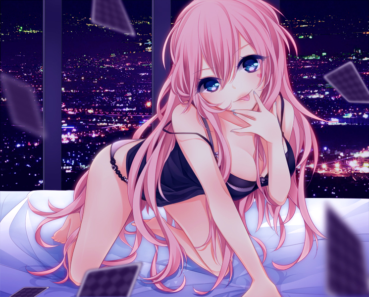 1girl, :p, all_fours, blackjack_(vocaloid), blue_eyes, breasts, card, cityscape, cleavage, lingerie, long_hair, megurine_luka, night, panties, pink_hair, shiro_mayu, smile, solo, tongue, underwear, vocaloid