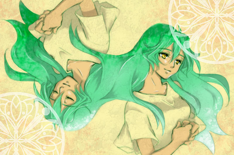 closed_eyes, dark_skin, dual_persona, emeralda_kasim, eyes_closed, green_hair, long_hair, smile, tso, xenogears, yellow_eyes