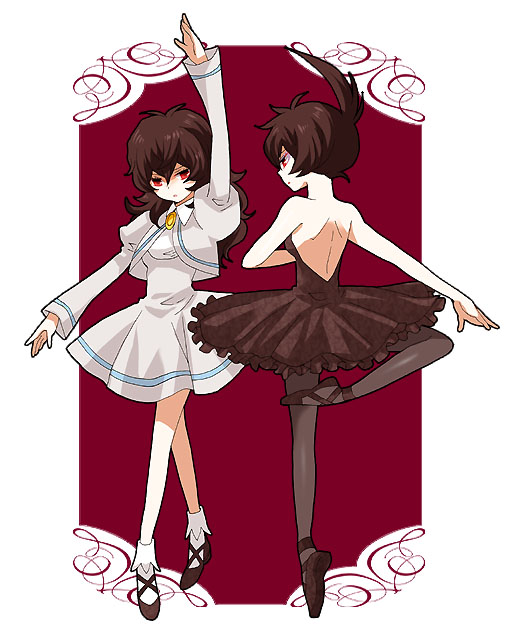 ballerina, ballet_slippers, brown_hair, dancing, dual_persona, haru-7, haruna_(wg), pantyhose, princess_kraehe, princess_tutu, red_eyes, rue_(princess_tutu), school_uniform, shoe_ribbon, spinning, tutu, twirl