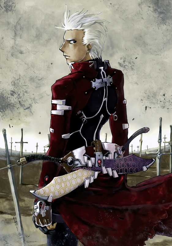 adapted_costume, archer, baiyong, dark_skin, fate/stay_night, fate_(series), jacket, kanshou_&amp;_bakuya, male, red_jacket, short_hair, solo, sword, weapon, white_hair