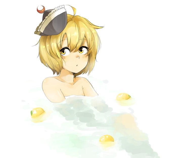 1girl, ahoge, bare_shoulders, bathing, blonde_hair, crescent, face, food, fruit, harusame_(unmei_no_ikasumi), hat, lunasa_prismriver, messy_hair, nude, short_hair, solo, submerged, touhou, water, yellow_eyes, yuzu, yuzu_bath