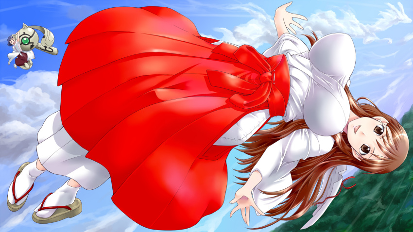 :d, blue_hair, blue_sky, blush_stickers, breasts, brown_eyes, brown_hair, cloud