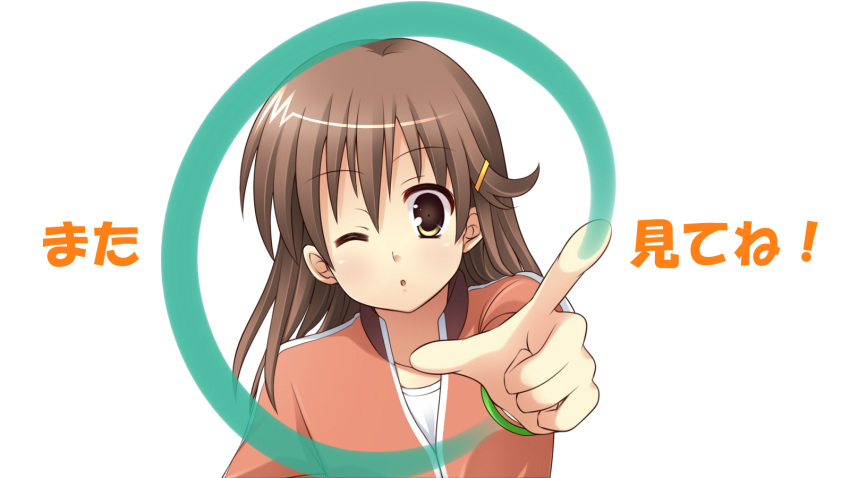 brown_hair, mashiro_yuki, pointing, white, wink