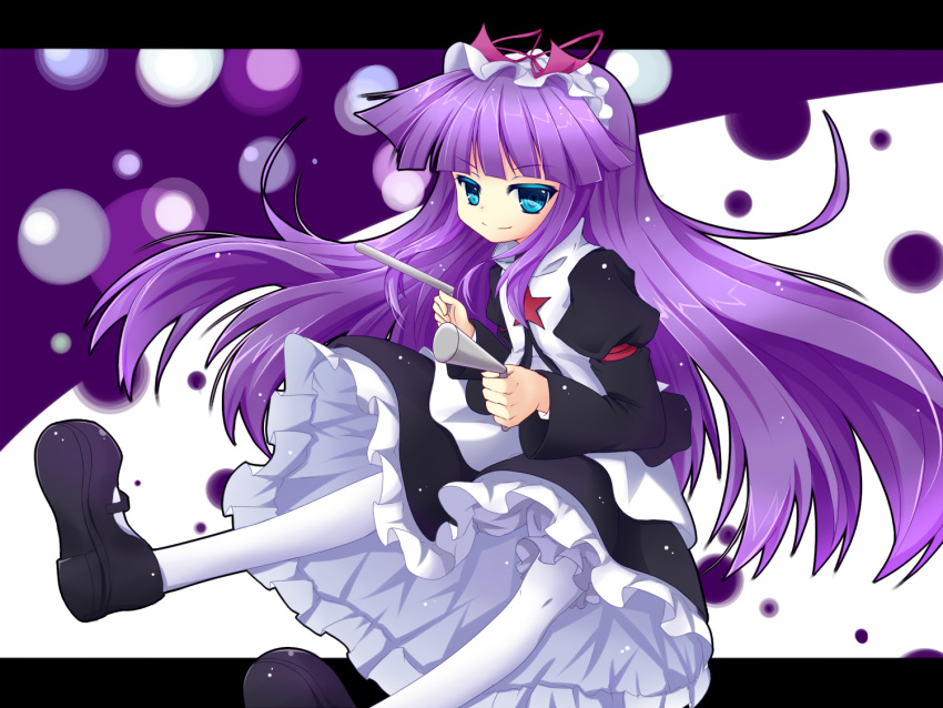 1girl, blue_eyes, bow, dress, feli_(puyopuyo), female, kuromari_(runia), long_hair, official_art, purple_hair, puyo_pop_fever, puyopuyo, puyopuyo_fever, shoes, skirt, skirt_lift, socks, very_long_hair