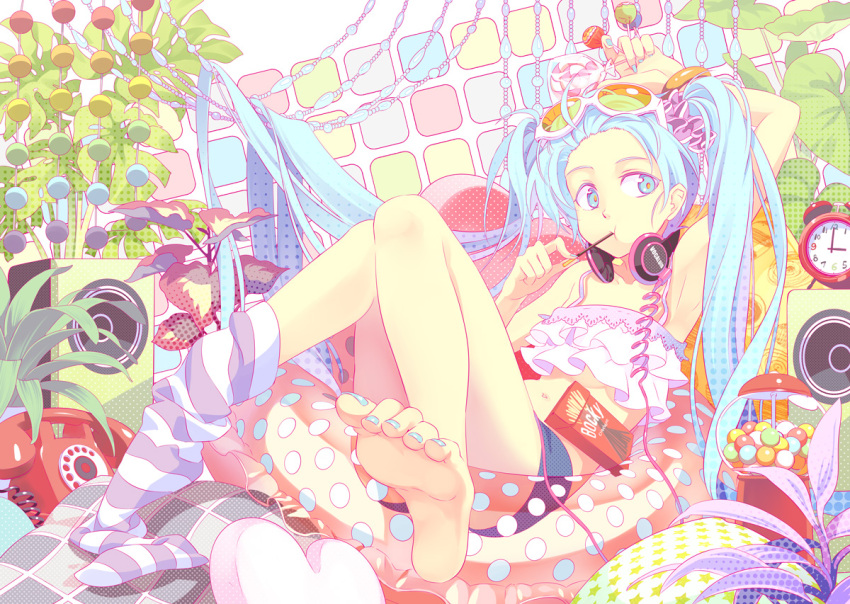 alarm_clock, arm_up, armpits, barefoot, blue_eyes, blue_hair, bracelet, candy, clock, eating, feet, gumballs, hatsune_miku, headphones, headphones_around_neck, innertube, jewelry, legs, lollipop, long_hair, midriff, nail_polish, navel, osamu_(jagabata), phone, plant, pocky, rotary_phone, scrunchie, sitting, soles, solo, speaker, sunglasses, sunglasses_on_head, swirl_lollipop, thighhigh_dangle, toes, twintails, very_long_hair, vocaloid