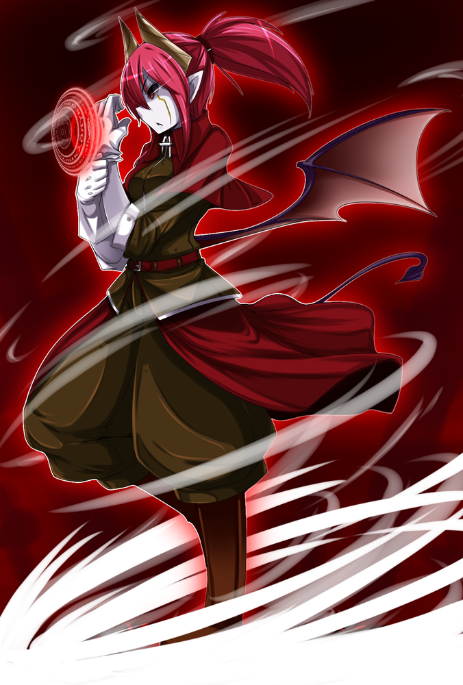 bad_id, bat_wings, demon_tail, dress, gloves, horns, long_hair, magic