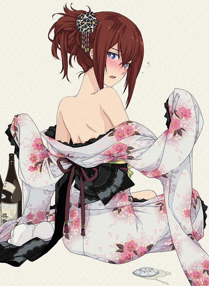 alternate_hairstyle, back, bare_back, bare_shoulders, blue_eyes, blush, bottle, brown_hair