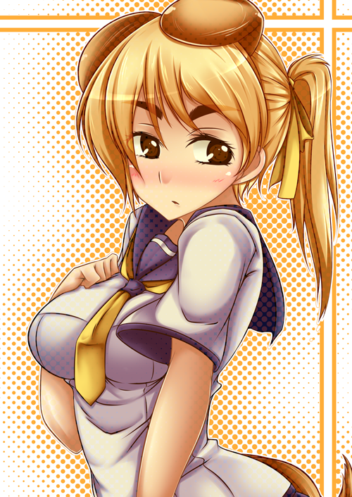 animal_ears, bad_id, black_eyes, blonde_hair, blush, breasts, dog_ears, dog_tail