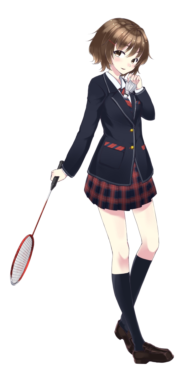 bad_id, badminton, badminton_racket, black_legwear, blazer, brown_eyes, brown_hair, bush