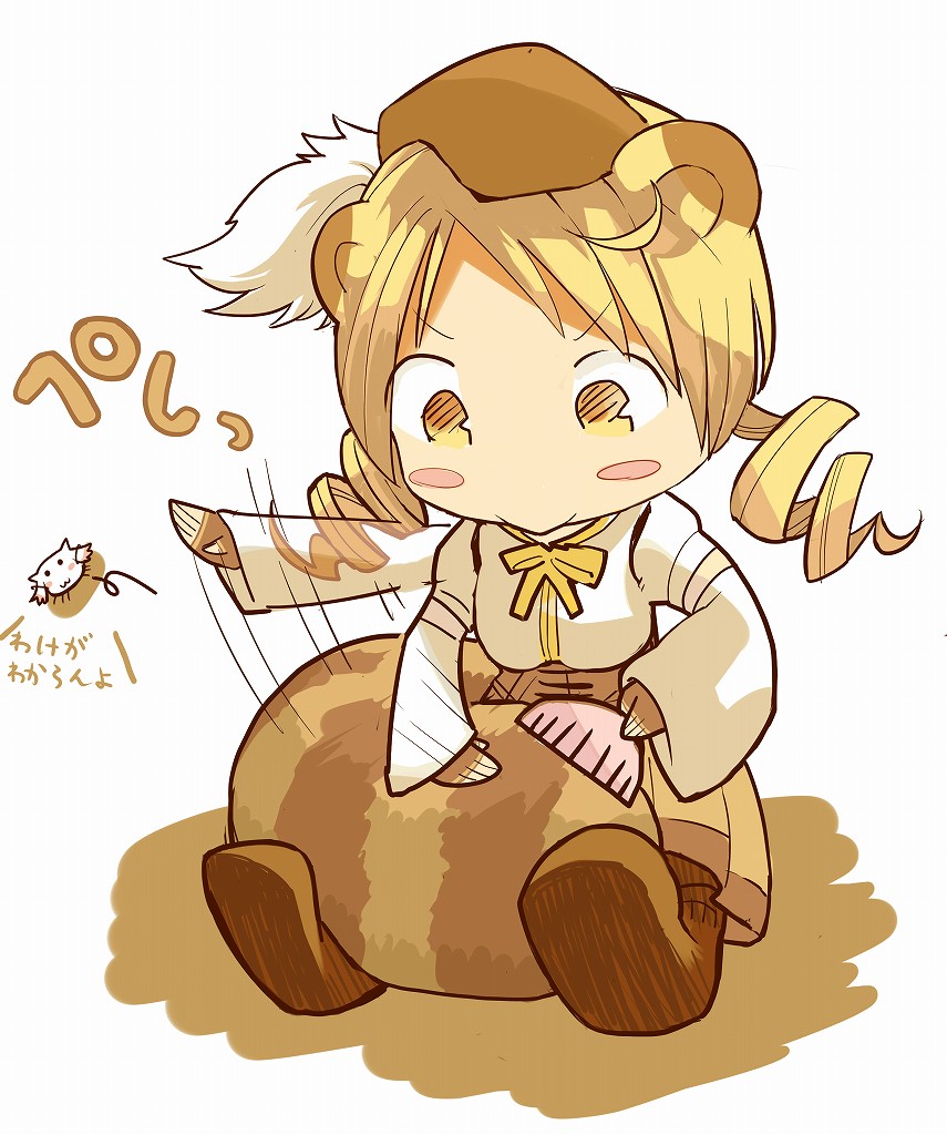 :3, animal_ears, beating, blonde_hair, blush_stickers, chibi, comb, flea_(animal), fleas, hat, kemonomimi_mode, kyubey, mahou_shoujo_madoka_magica, raccoon_ears, raccoon_tail, school_uniform, shiotan, shirt, sitting, skirt, solo, tail, tomoe_mami, yellow_eyes