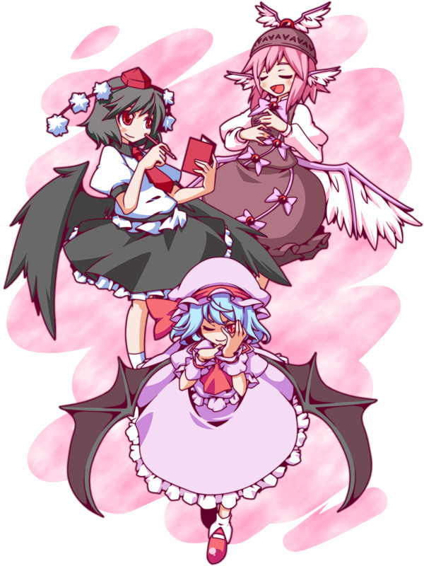 animal_ears, bat_wings, black_hair, black_wings, blue_hair, closed_eyes, geta, hat