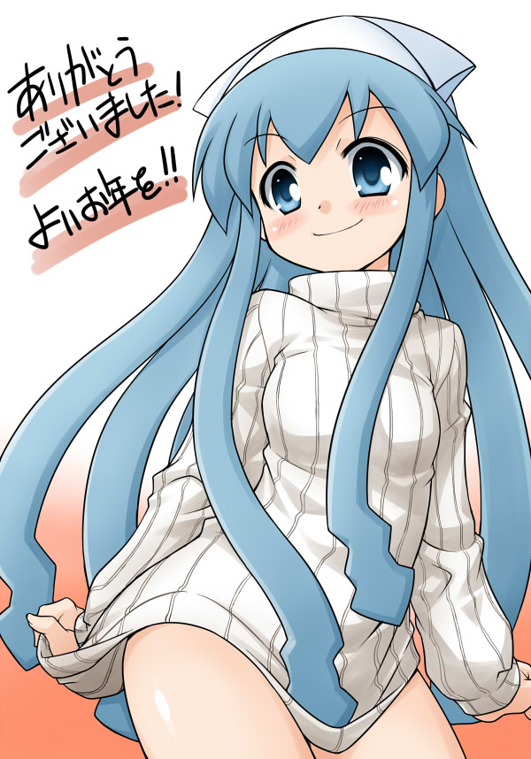 akou_roushi, alternate_costume, blue_eyes, blue_hair, blush, blush_stickers, bottomless, ikamusume