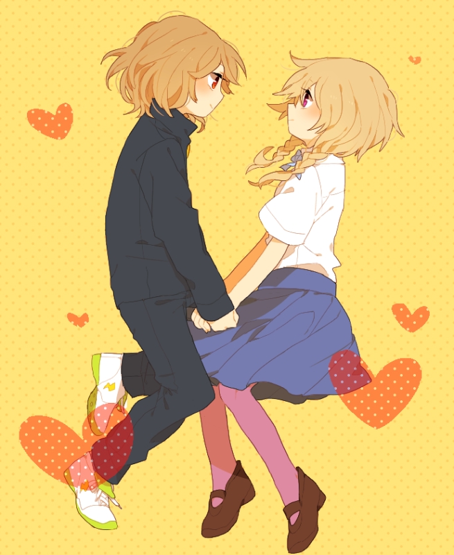 1girl, ameya12, bad_id, braid, brown_hair, gakuran, hand_holding, heart, holding_hands, inazuma_eleven, inazuma_eleven_(series), inazuma_eleven_go, long_hair, nanao_(cow1212), pantyhose, purple_legwear, school_uniform, shindou_takuto, short_hair, smile, twin_braids, yamana_akane