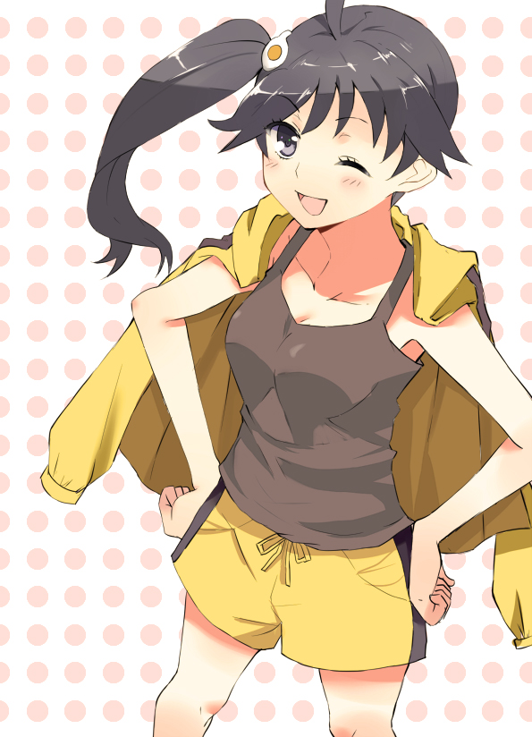 :d, ahoge, araragi_karen, asymmetrical_hair, bakemonogatari, black_eyes, black_hair, blush