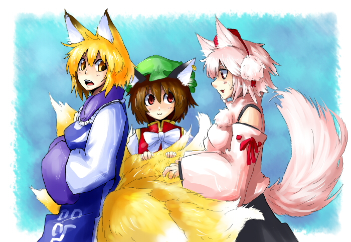 :3, animal_ears, aqua_background, blonde_hair, brown_hair, cat_ears, chen, earrings