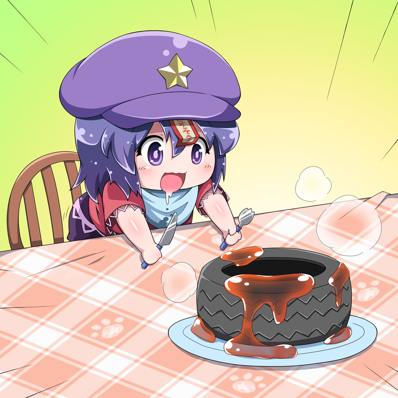 :3, beret, blue_eyes, blue_hair, blush_stickers, chair, chibi, drooling