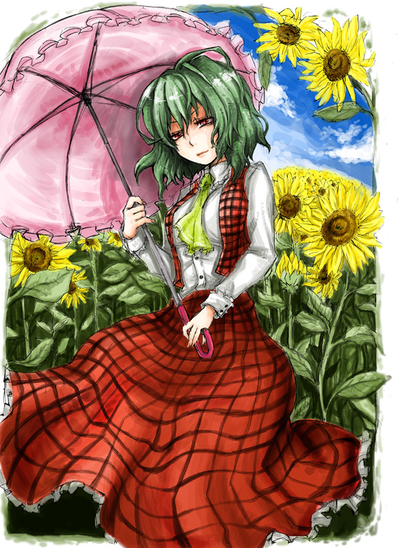 flower, green_hair, h_sakray, head_tilt, kazami_yuuka, long_skirt, parasol, plaid, plaid_skirt, plaid_vest, red_eyes, short_hair, skirt, skirt_set, smirk, solo, sunflower, touhou, umbrella